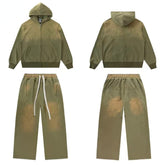 Vale Forever Vintage Gothic Cross Zip-Up Hoodie & Sweatpants Set - Olive Green