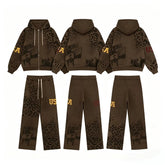 Vale Forever Vintage Leopard Print & "USA" Graphic Zip-Up Hoodie & Sweatpants Set - Brown