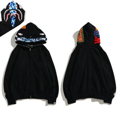 BAPE Style Solid Black Shark Full-Zip Hoodie - Blue Camo Interior