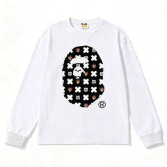 BAPE Style All-Over Cartoon Print Ape Head Long-Sleeve Tee - White