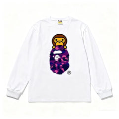 BAPE Style Baby Milo Peeking on Camo Ape Head Long-Sleeve Tee - White/Purple