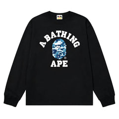 BAPE Style Collegiate Arc Logo & Camo Ape Head Long-Sleeve Tee - Black/Blue