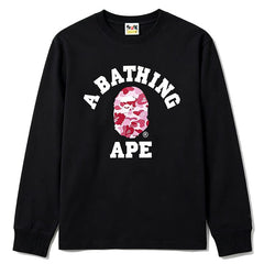 BAPE Style Collegiate Arc Logo & Camo Ape Head Long-Sleeve Tee - Black/Pink