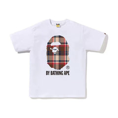 BAPE Style Tartan Plaid Big Ape Head Short-Sleeve Tee - White/Red