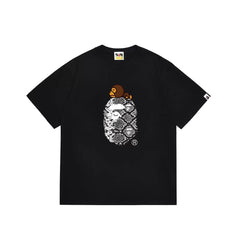 BAPE Style Snake Print & Baby Ape Head Short-Sleeve Tee - Black