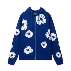 "Denim Tears" Royal Blue Floral Pattern Full-Zip Hoodie