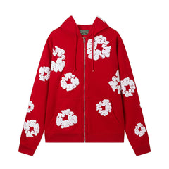 "Denim Tears" Red Floral Pattern Full-Zip Hoodie