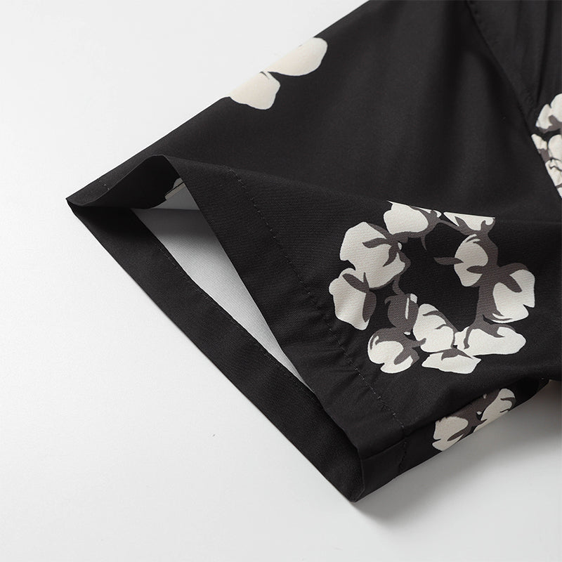Denim Tears Black Base White Floral Wreath Print Camp Collar Short