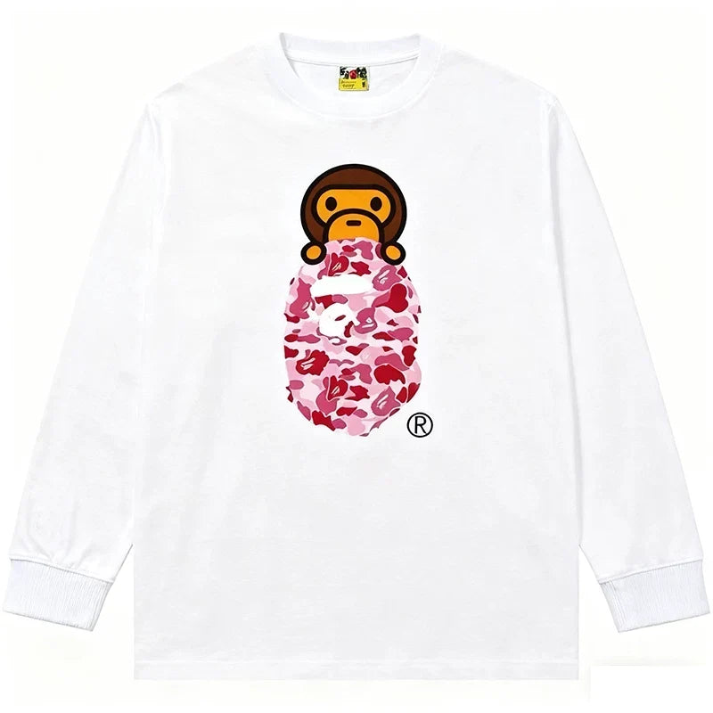 BAPE Style Baby Milo Peeking on Camo Ape Head Long-Sleeve Tee - White/Pink