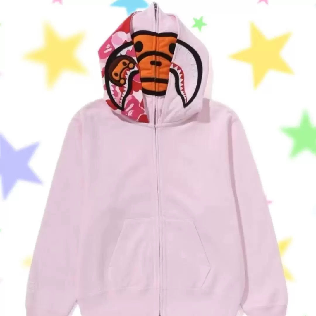 BAPE Style Solid Pastel Pink Shark Full-Zip Hoodie - Pink Camo Interior