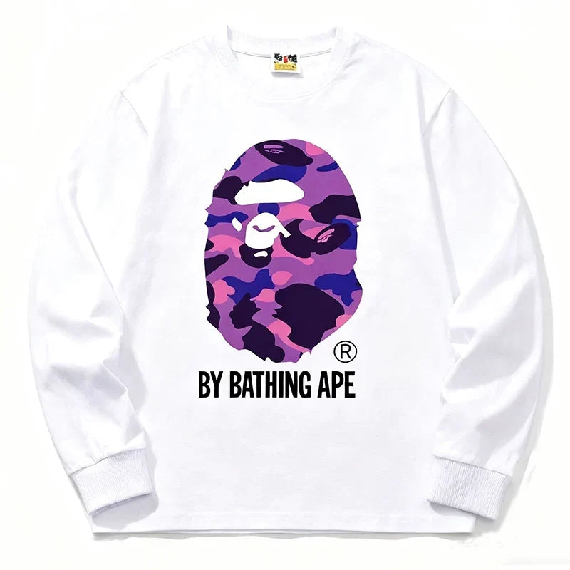 BAPE Style "BY BATHING APE" Camo Ape Head Long-Sleeve Tee - White/Purple