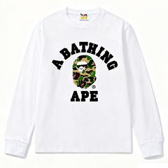 BAPE Style Collegiate Arc Logo & Camo Ape Head Long-Sleeve Tee - White/Green