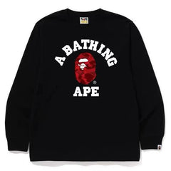 BAPE Style Collegiate Arc Logo & Camo Ape Head Long-Sleeve Tee - Black/Purple