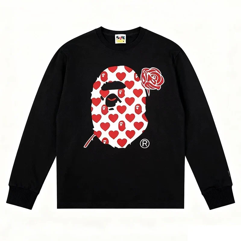 BAPE Style Heart & Rose Ape Head Long-Sleeve Tee - Black/Red-White