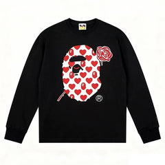 BAPE Style Heart & Rose Ape Head Long-Sleeve Tee - Black/Red-White