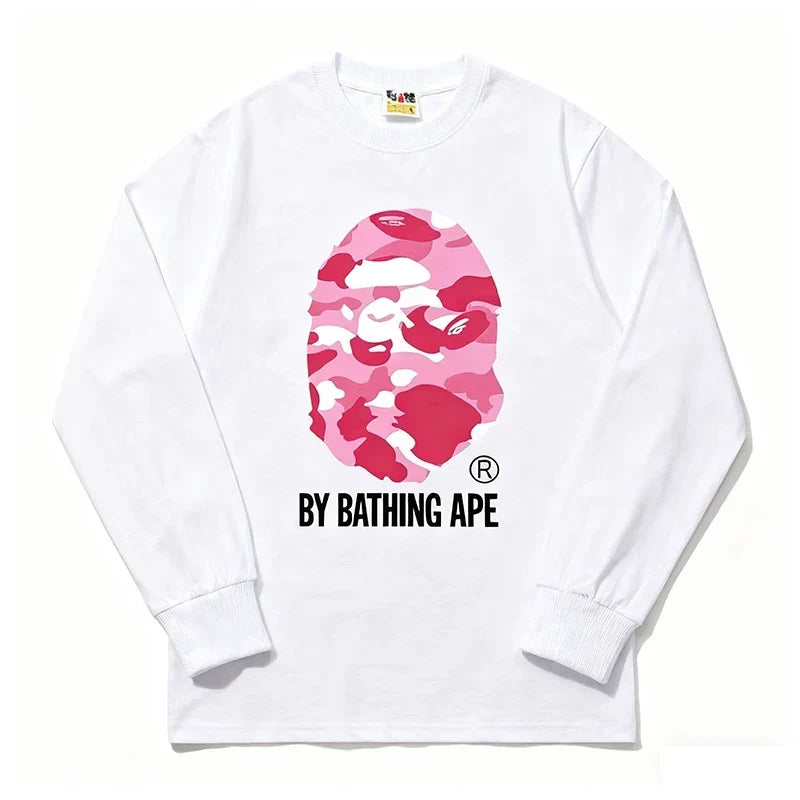BAPE Style "BY BATHING APE" Camo Ape Head Long-Sleeve Tee - White/Pink