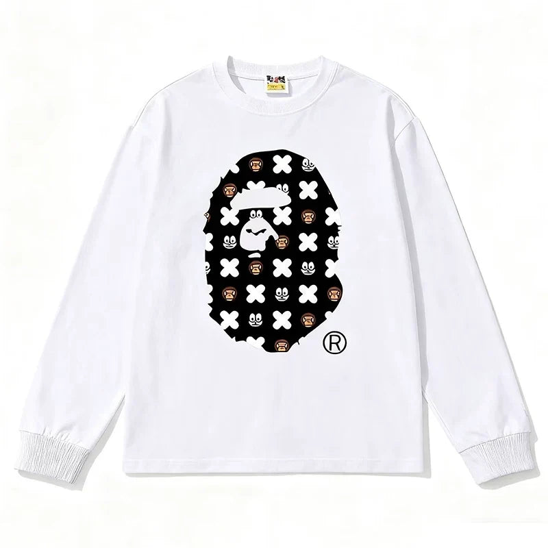 BAPE Style All-Over Cartoon Print Ape Head Long-Sleeve Tee - White