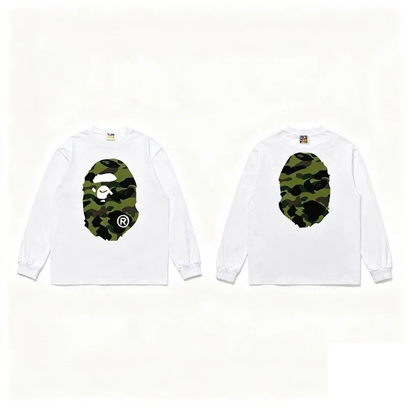 BAPE Style Big Camo Ape Head Long-Sleeve Tee - White/Green