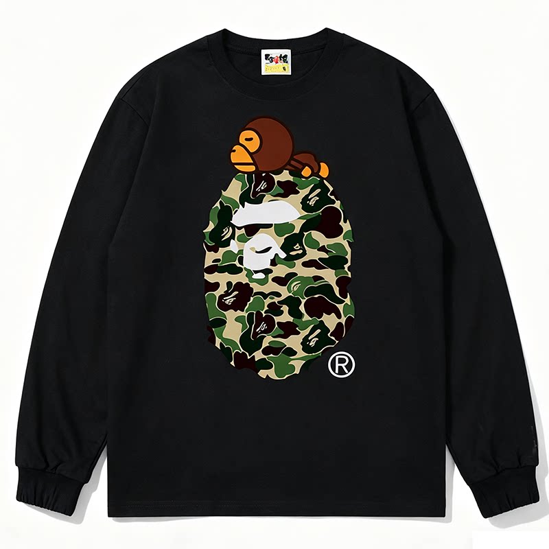 BAPE Style Baby Milo on Camo Ape Head Long-Sleeve Tee - Black/Green