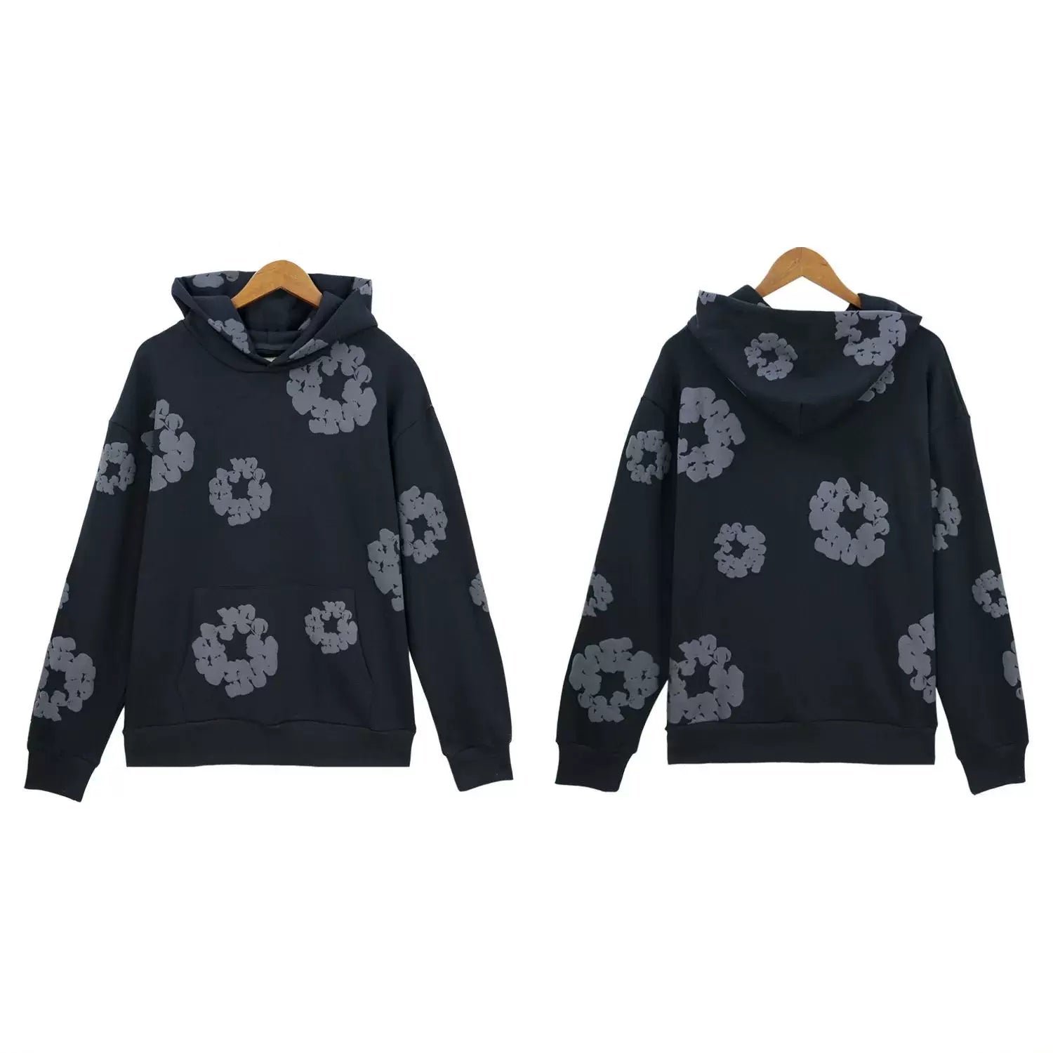"Denim Tears" Dark Navy/Grey Floral Pattern Full-Zip Hoodie
