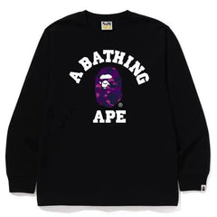 BAPE Style Collegiate Arc Logo & Camo Ape Head Long-Sleeve Tee - Black/Purple