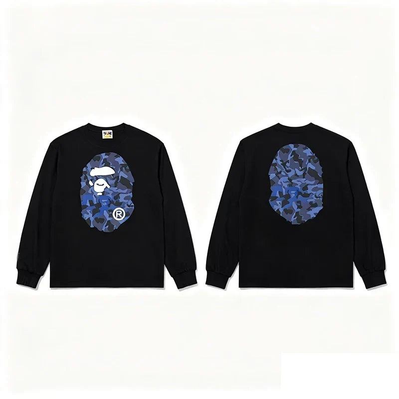 BAPE Style Big Camo Ape Head Long-Sleeve Tee - Black/Blue