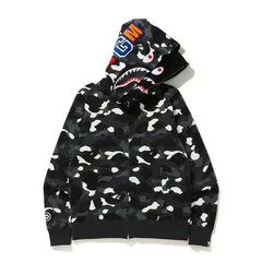 BAPE Style Camo Shark Full-Zip Hoodie - Black/Grey