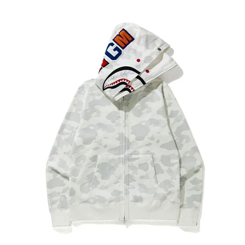 BAPE Style Camo Shark Full-Zip Hoodie - White/Light Grey