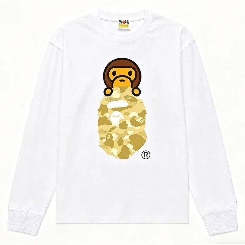 BAPE Style Baby Milo Peeking on Camo Ape Head Long-Sleeve Tee - White/Yellow