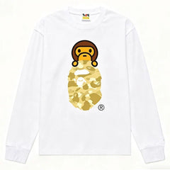 BAPE Style Baby Milo Peeking on Camo Ape Head Long-Sleeve Tee - White/Yellow