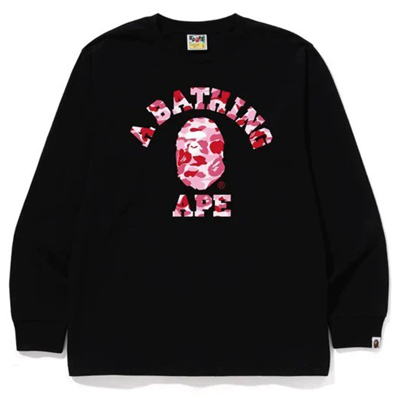 BAPE Style Arch Logo Camo Ape Head Long-Sleeve Tee - Black/Pink