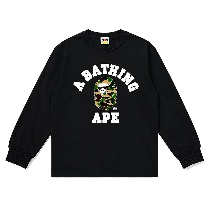 BAPE Style Collegiate Arc Logo & Camo Ape Head Long-Sleeve Tee - Black/Green