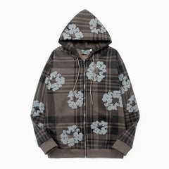 "Denim Tears" Plaid Pattern Full-Zip Oversized Hoodie (Brown)