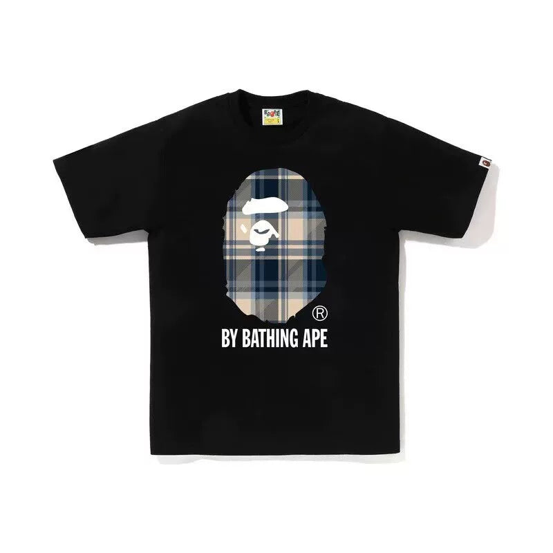 BAPE Style Tartan Plaid Big Ape Head Short-Sleeve Tee - Black/Blue