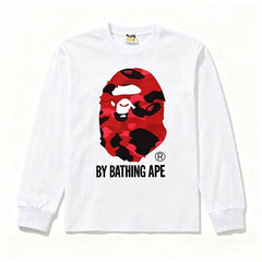 BAPE Style "BY BATHING APE" Camo Ape Head Long-Sleeve Tee - White/Red