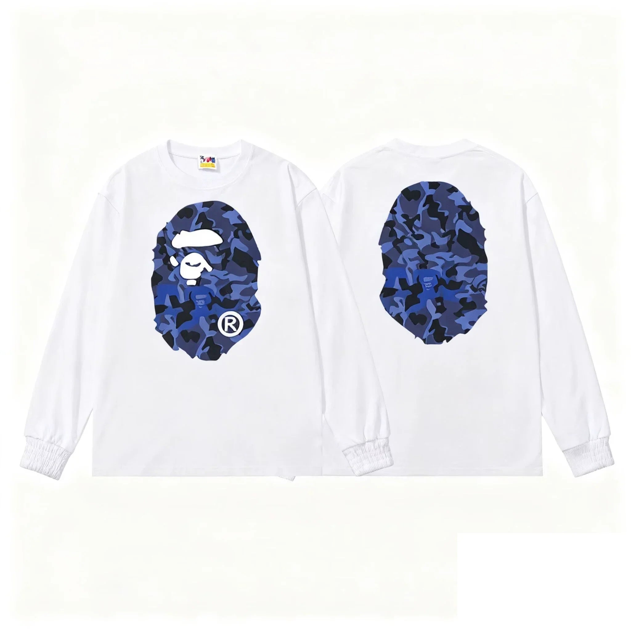 BAPE Style Big Camo Ape Head Long-Sleeve Tee - White/Blue