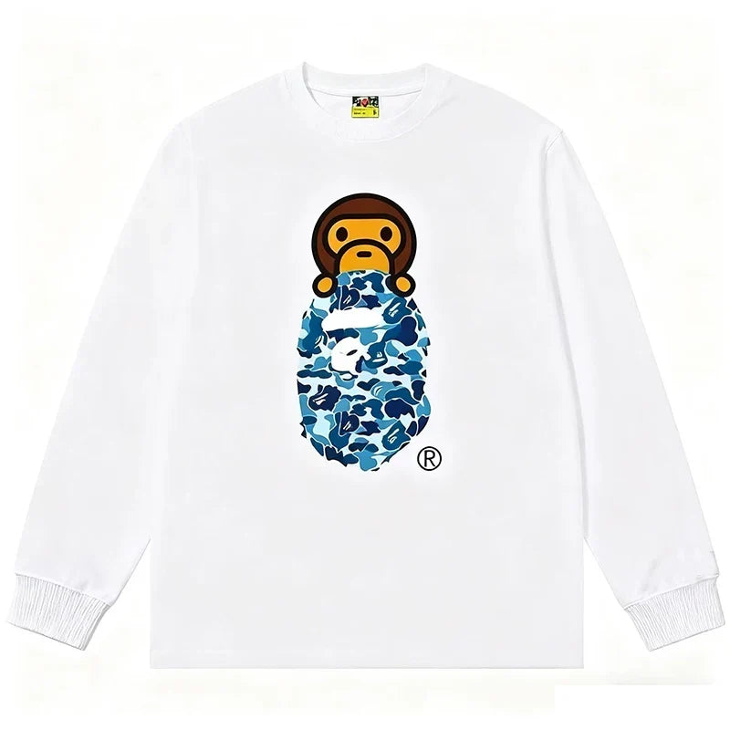 BAPE Style Baby Milo Peeking on Camo Ape Head Long-Sleeve Tee - White/Blue