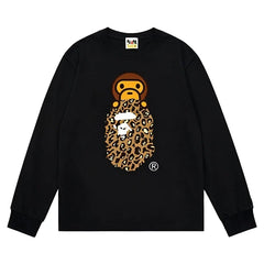 BAPE Style Baby Milo on Leopard Camo Ape Head Long-Sleeve Tee - Black/Leopard