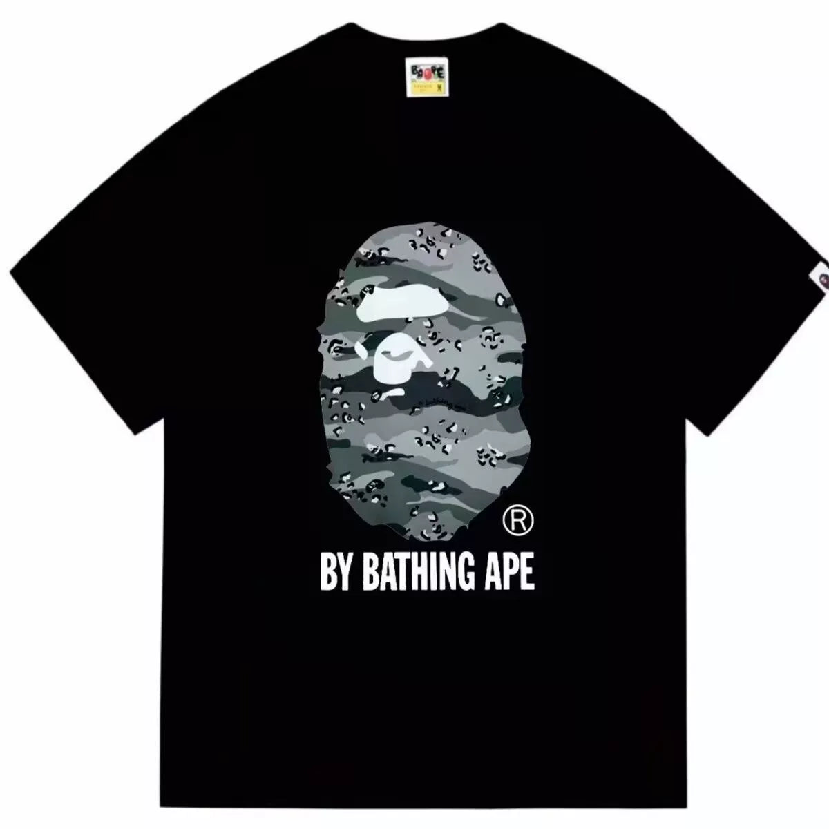BAPE Style Urban Grey Camo Big Ape Head Short-Sleeve Tee - Black