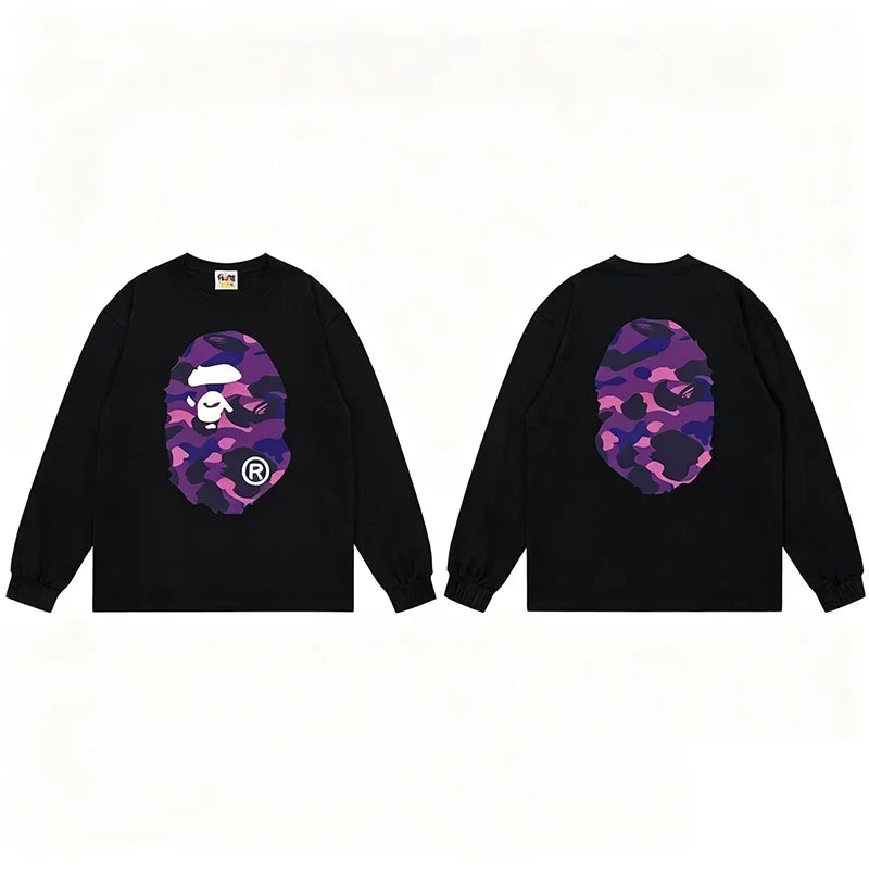 BAPE Style Big Camo Ape Head Long-Sleeve Tee - Black/Purple