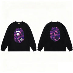 BAPE Style Big Camo Ape Head Long-Sleeve Tee - Black/Purple
