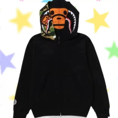 BAPE Style Solid Black Shark Full-Zip Hoodie - Green Camo Ape Interior