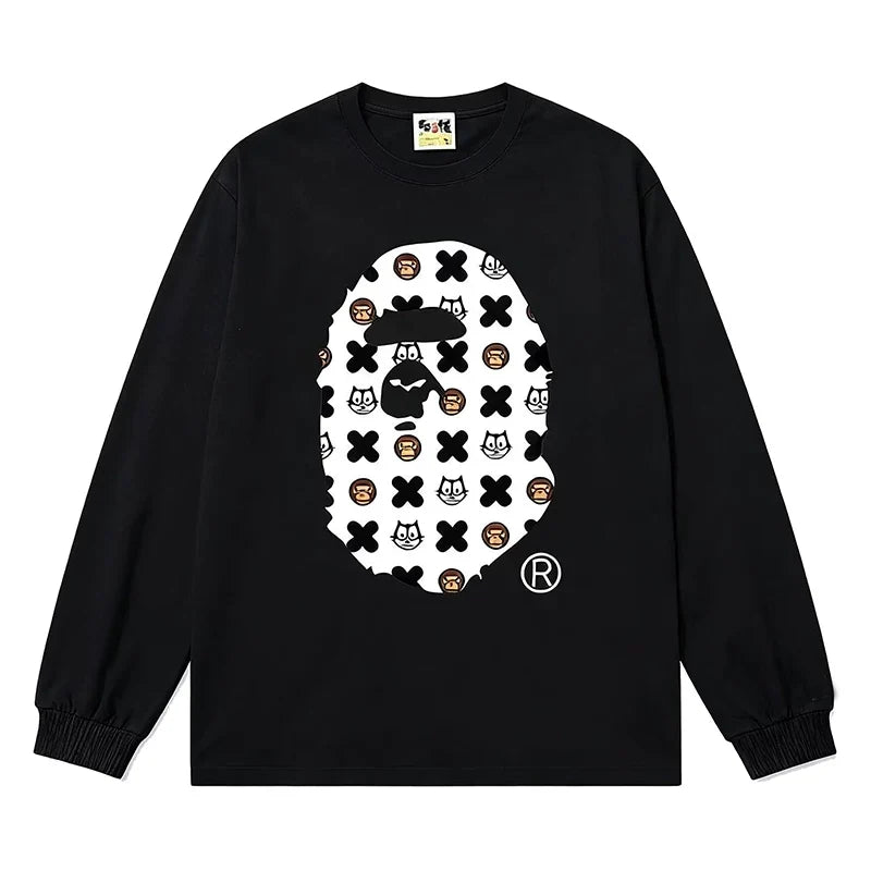 BAPE Style All-Over Cartoon Print Ape Head Long-Sleeve Tee - Black
