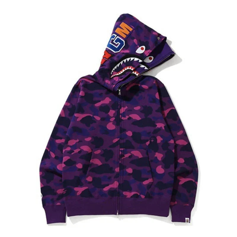 BAPE Style Camo Shark Full-Zip Hoodie - Purple