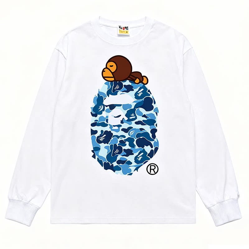 BAPE Style Baby Milo on Camo Ape Head Long-Sleeve Tee - White/Blue