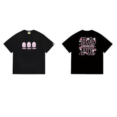 BAPE Style Cherry Blossom Ape Head Graphic Short-Sleeve Tee - Black