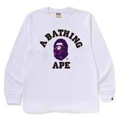 BAPE Style Collegiate Arc Logo & Camo Ape Head Long-Sleeve Tee - White/Purple