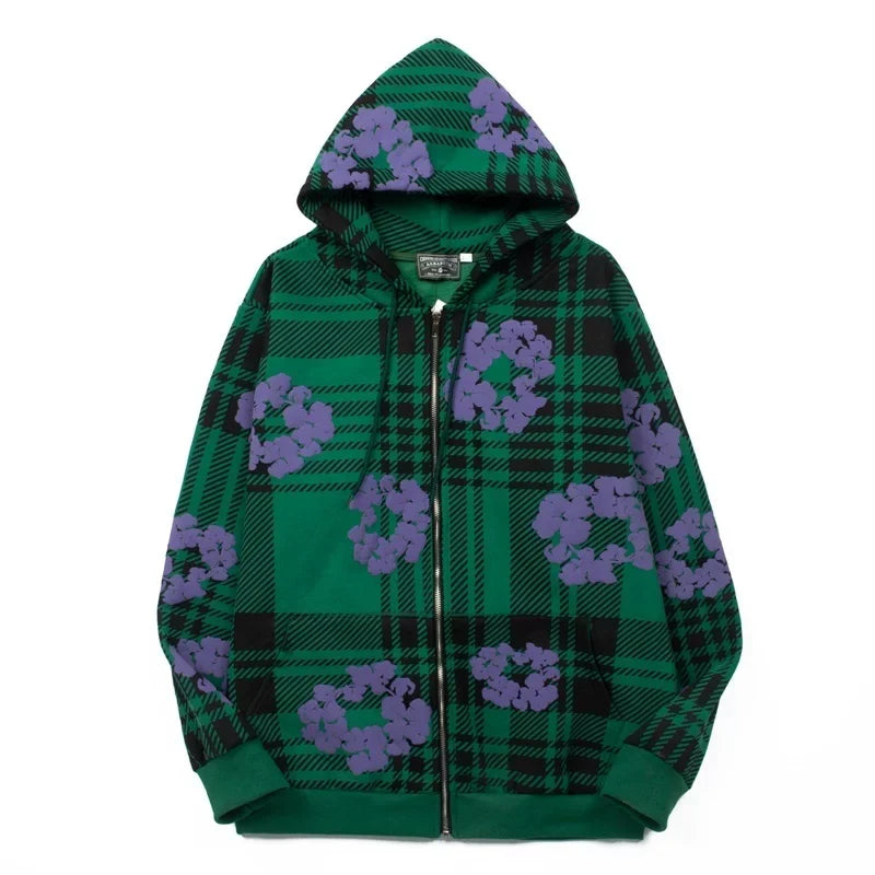 "Denim Tears" Plaid Pattern Full-Zip Oversized Hoodie (Green/Purple)