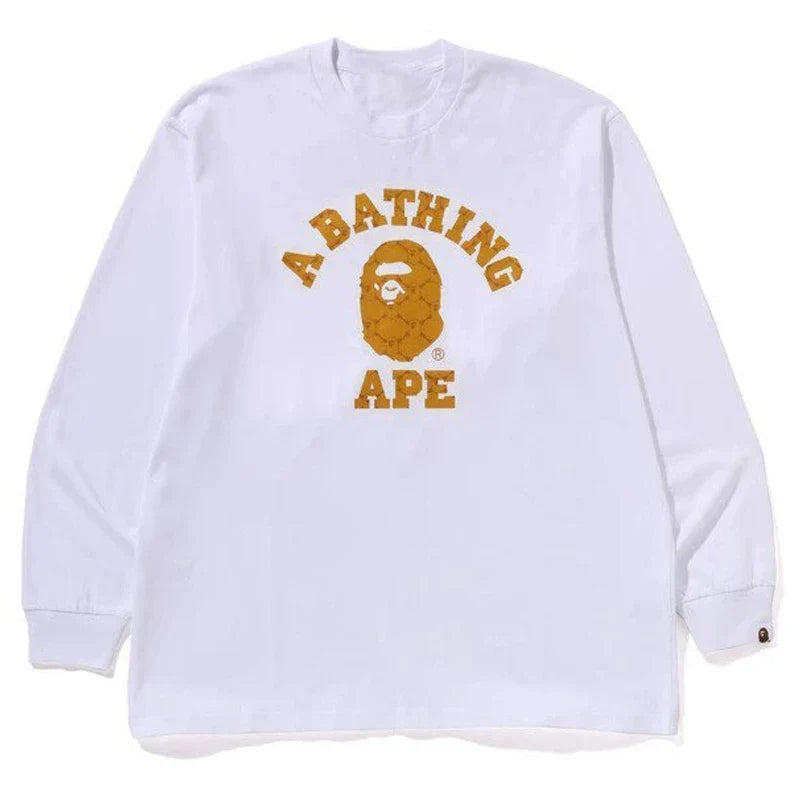 BAPE Style Arch Logo Plaid Camo Ape Head Long-Sleeve Tee - White/Yellow