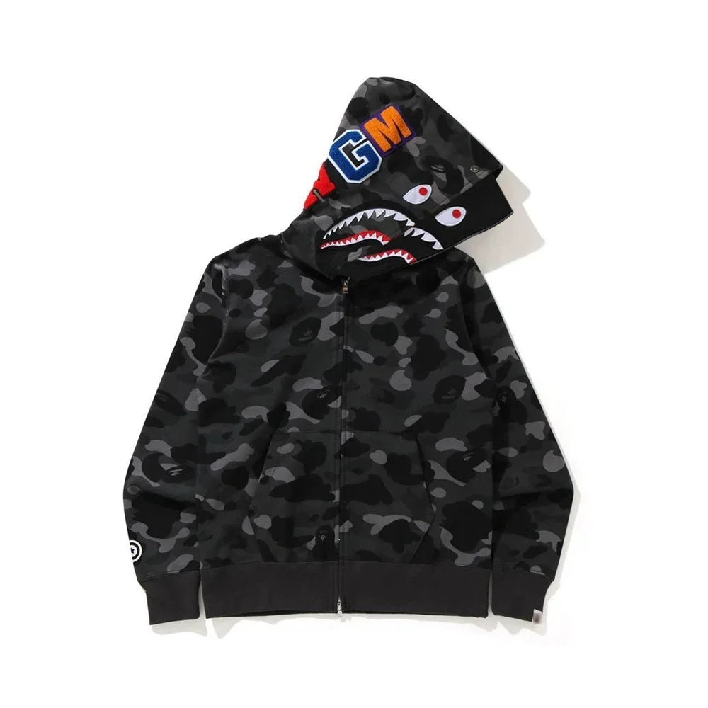 BAPE Style Camo Shark Full-Zip Hoodie - Black/Grey